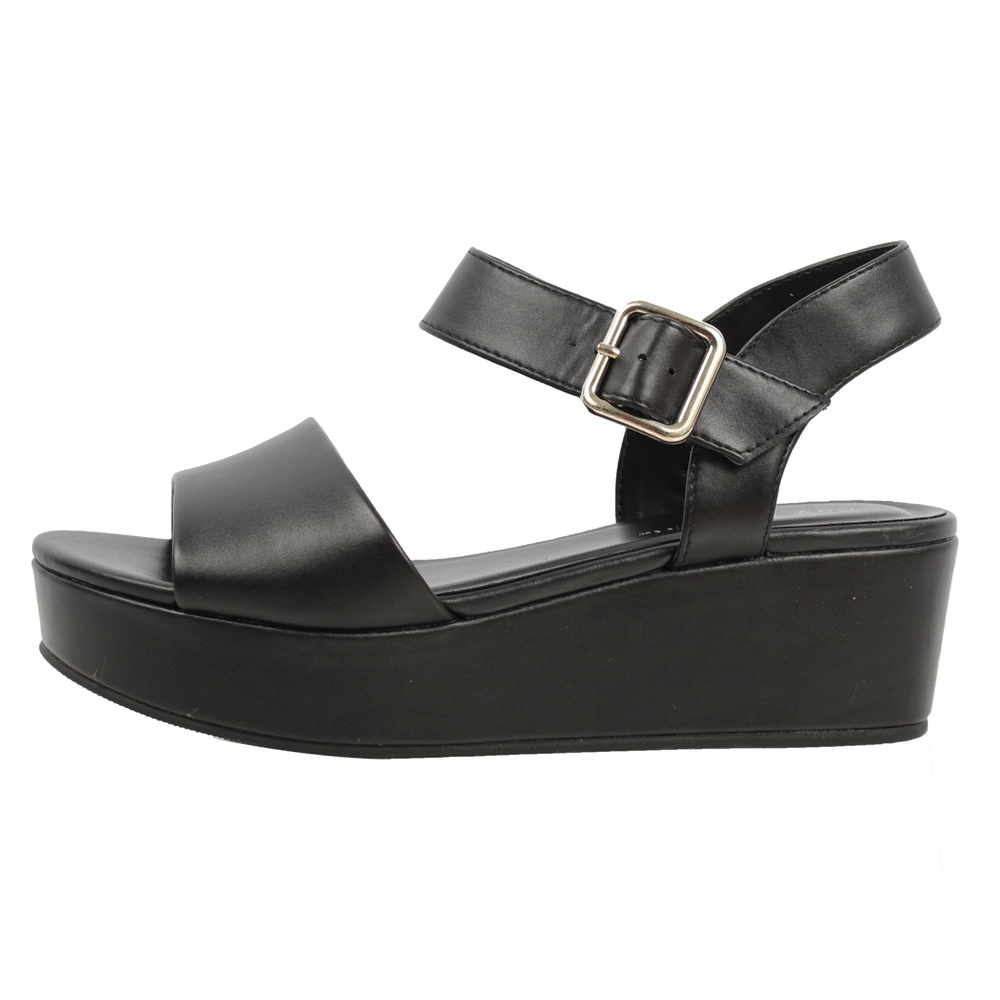 Black faux leather open toe flatform Sandal
